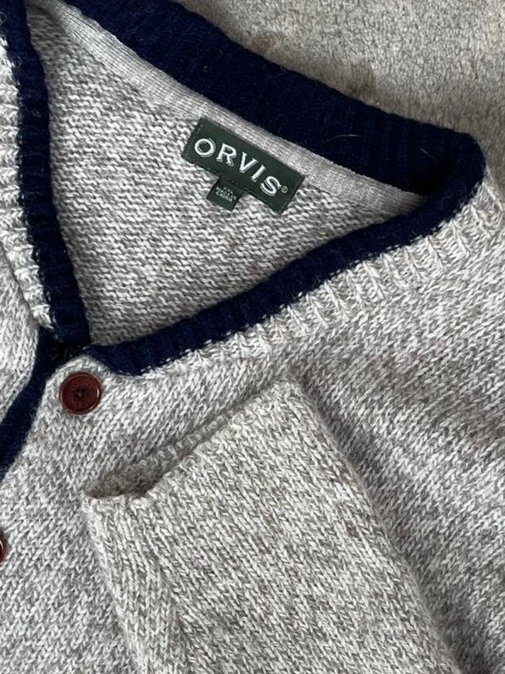 Orvis Men’s Grey Wool Knit Sweater 1/4 Button Up
